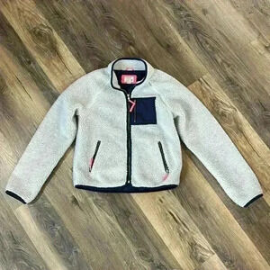 jcrew crewcuts kids sherpa jacket zip front girls 14 cream, navy, & neon pink